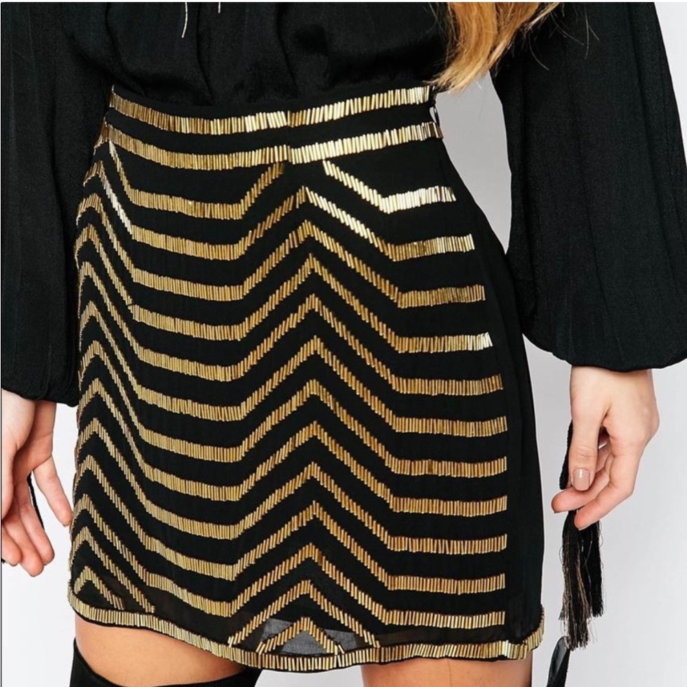 RAGA Black Mini Skirt with Gold Chevron Stripes